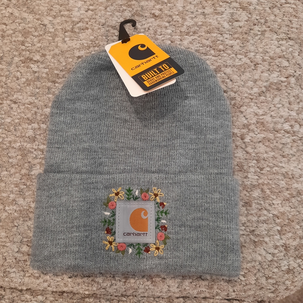 Carhartt Heather Gray Beanie with Embroidered Floral Patch